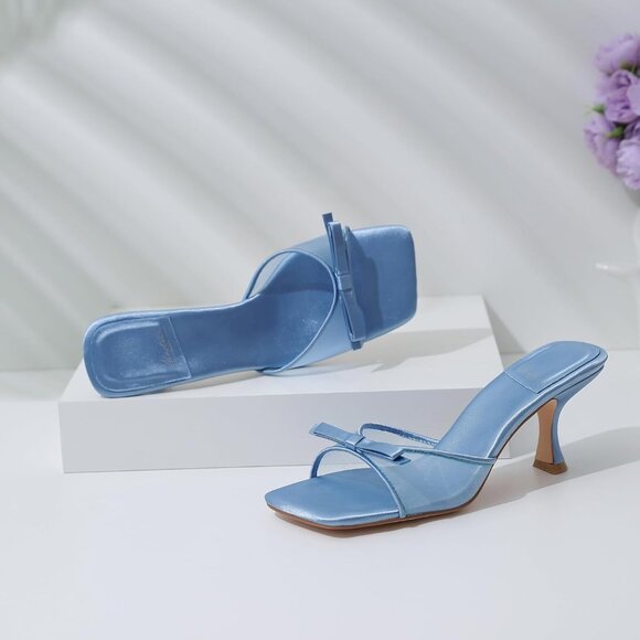 Women's Blue Round Toe Heels With Bow Vintage Mules Sexy Slip on Stiletto - Picture 6 of 9